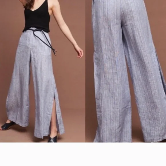 Anthropologie Elevenses Wide-Leg Pants in Light Blue and White Linen Size 6 - Picture 1 of 16